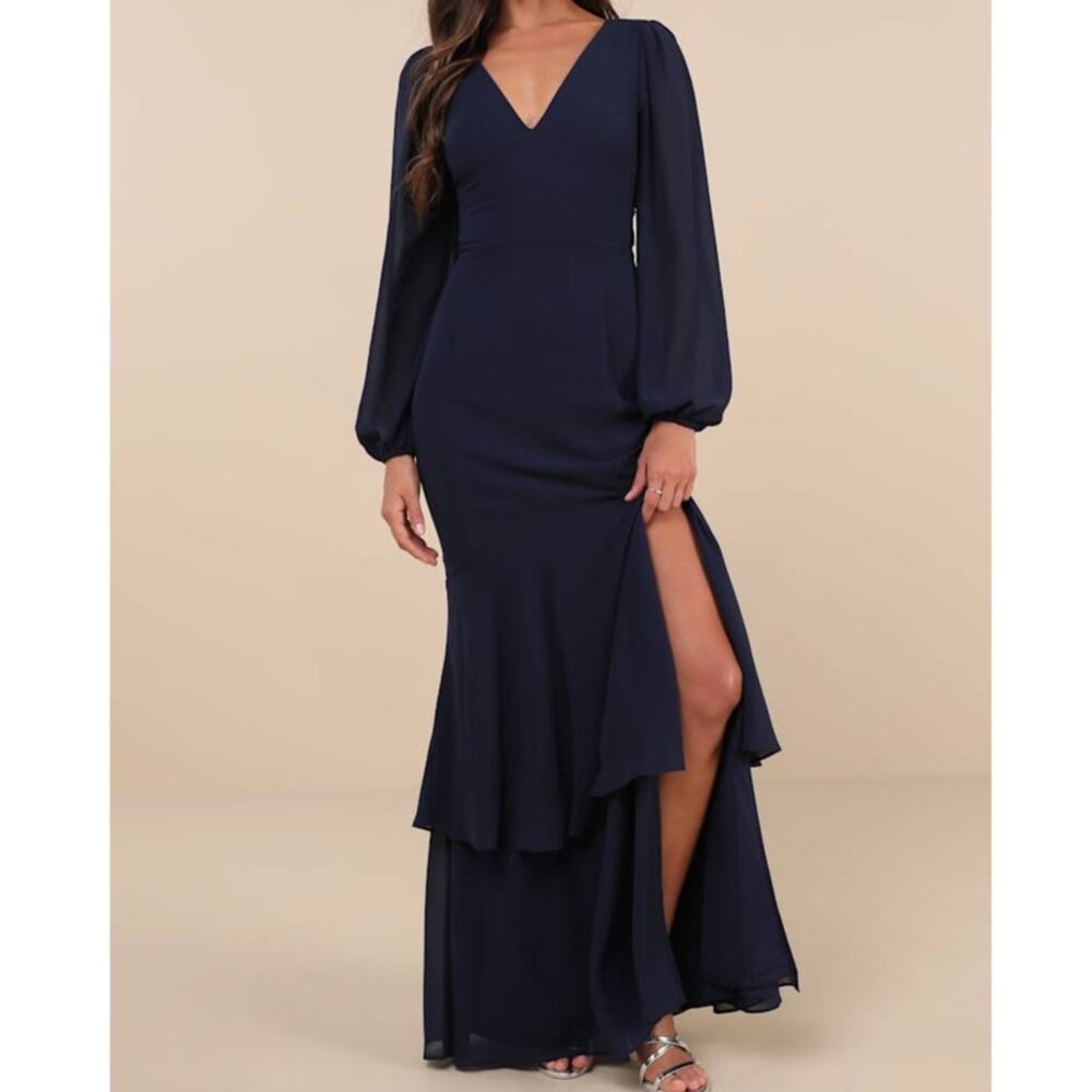NEW Lulus Tier Elegance Navy Long Sleeve V-Neck Chiffon Tiered Maxi Dress Medium